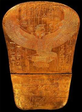 The image of a winged Isis inscribed very finely beneath the foot of Tutankhamun's innermost coffin.